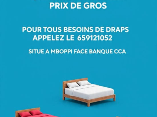 Boutique de Draps et Rideaux disponibles  : 03 places avec Rideaux 14000Fcfa 03 places sans Rideaux 12000Fcfa 02 places avec Rideaux 13000Fcfa 02 places sans Rideaux 11000Fcfa Situé au Marché Congo: Boutique D110 (Douala 3eme) Contact : 659121052. 