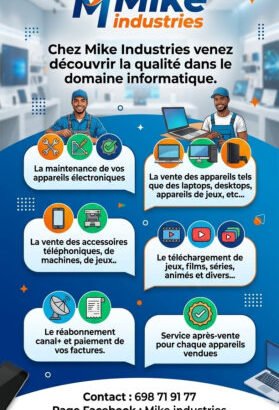 MIKE INDUSTRIE. Découvrez la qualité dans le domaine informatique. Vente des appareils électroniques Accessoires téléphoniques, machines, réabonnement Canal+ et paiement de factures, téléchargement de jeux, films, séries, animés et divers. Ndogbon (Douala) | Contact: +237698719177 