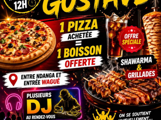GUSTAVE GRILLADES. Savourez vos Pizzas et Grillades… Entrée NDANGA et WAGUE sur la route de SOA, Arrondissement de Yaoundé 2 Contact OM: 696676390 